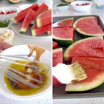 Whisking the hot honey and olive oil and brushing it on watermelon wedges for grilling.