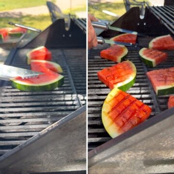 Grilling watermelon wedges on a gas grill.