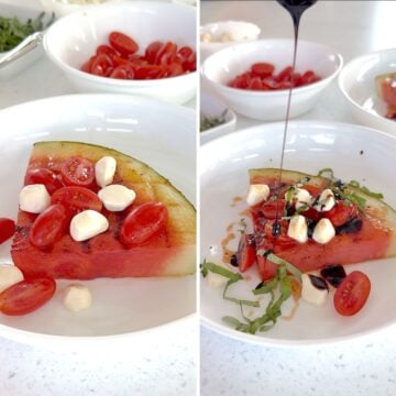 Drizzling watermelon caprese with balsamic reduction.