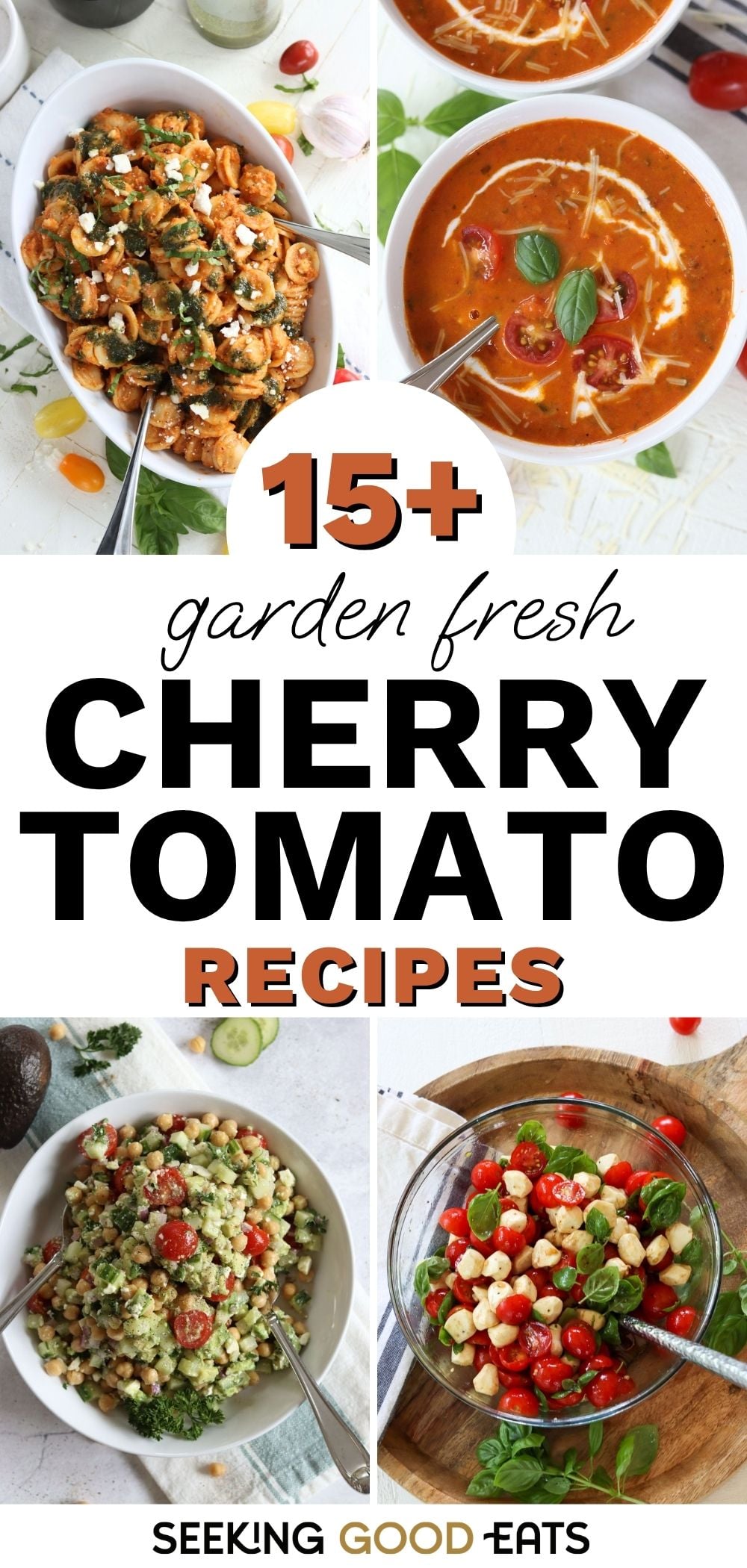 Assorted cherry tomato dishes including salads and soups for garden-fresh flavor.