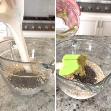 Adding all the ingredient to make pistachio and cream overnight oats to a large glass bowl.