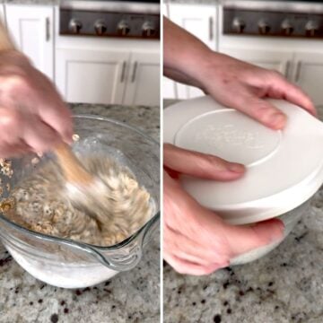 Stirring the pistachio and cream overnight oats, covering then refrigerating.