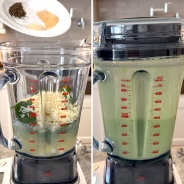 Blending all of the egg white, spinach, cottage cheese and seasoning in a blender for the spinach artichoke egg bites.