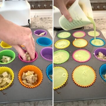 Adding artichoke hearts and pouring egg mixture of the egg bites in a muffin pan.