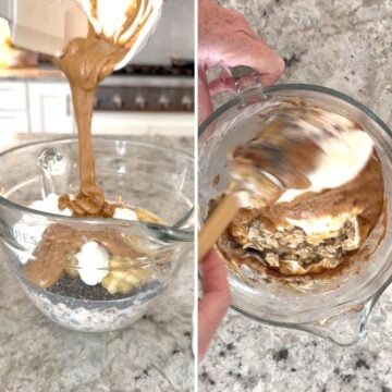 Adding all of the banana peanut butter overnight oats ingredients and stirring in a large glass bowl.