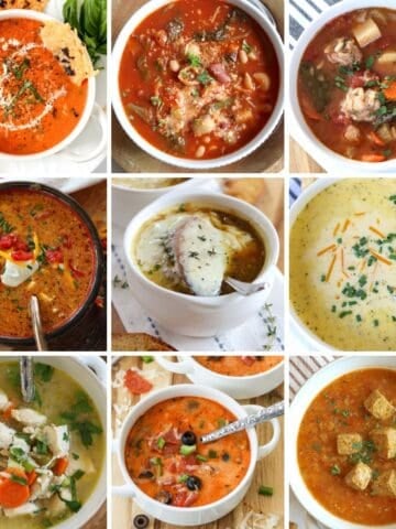 Collage of images featured in the easy fall soup recipes collection.