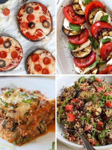 Featured eggplant recipes image with 4 different dishes.