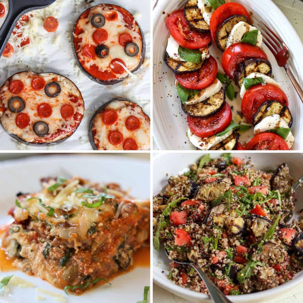 Featured eggplant recipes image with 4 different dishes.