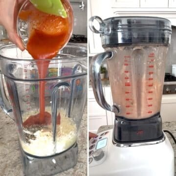 Blending the pizza cottage cheese egg bites in a blender.