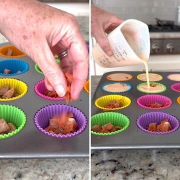 Pouring the blended pizza egg bite ingredients over the sausage and turkey in silicone muffin cups.